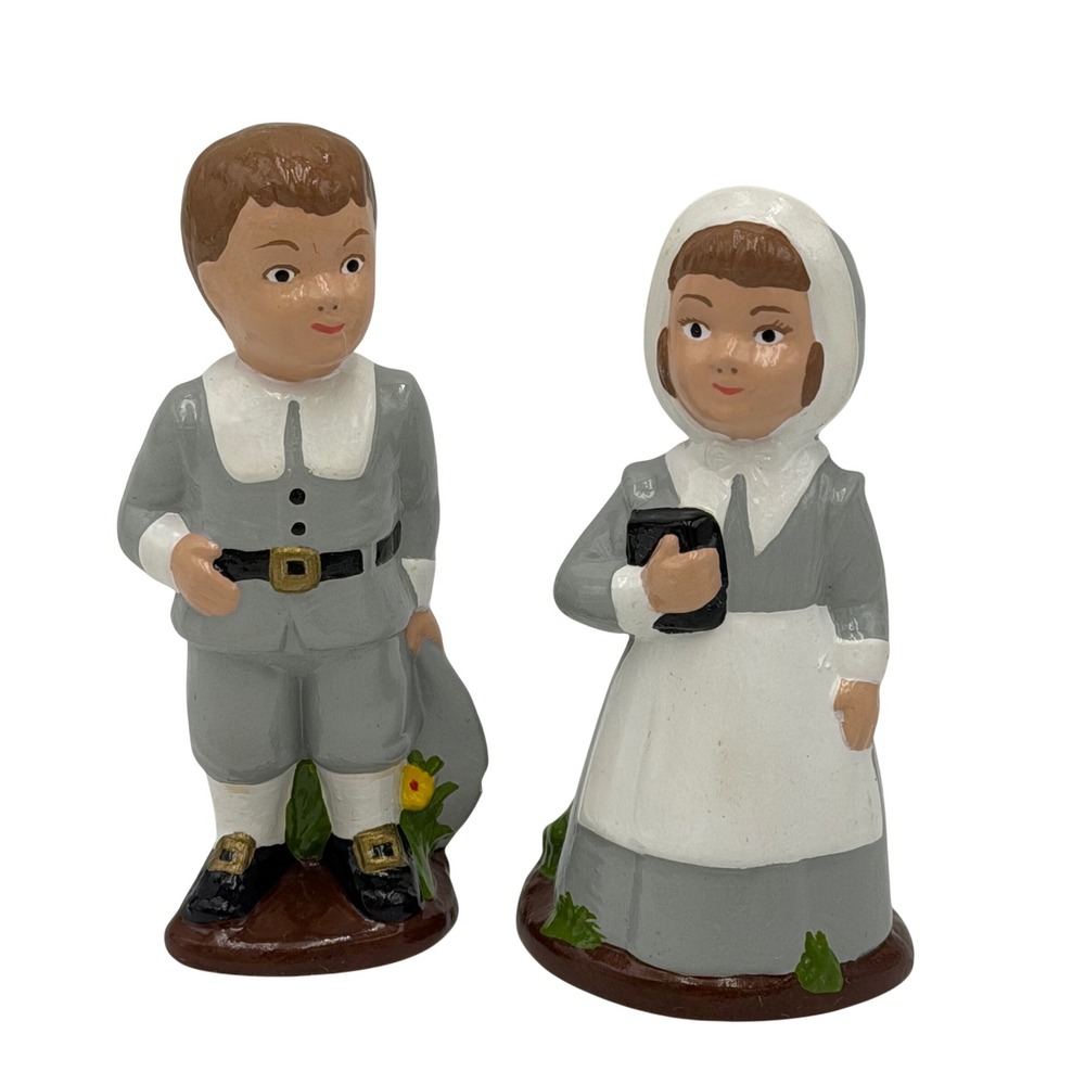 Vtg Ceramic Pilgrim Boy and Girl Figurines Thanksgiving Decor Set‎ of 2 5" READ